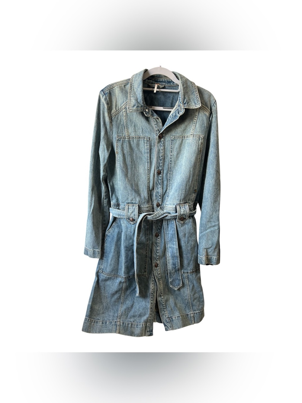 Free people Denim Trench Coat with Waist Tie - Light Blue